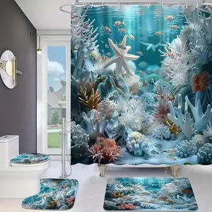 1/4pcs  Ocean Theme Bathroom Set with Shower Curtain, Toilet Seat Cover, Bath Mats, and 12 Hooks, Enhance Your Space Decor, Shower Curtain Sets