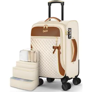 Carry  Luggage 22x14x9 Airline Approved, 20 Inch Softside Suitcase with 4 count, Lightweight Luggage for Women with TSA Lock and 4 Spinner Wheels, Soft Side Carry- Suitcases for Travel, Beige