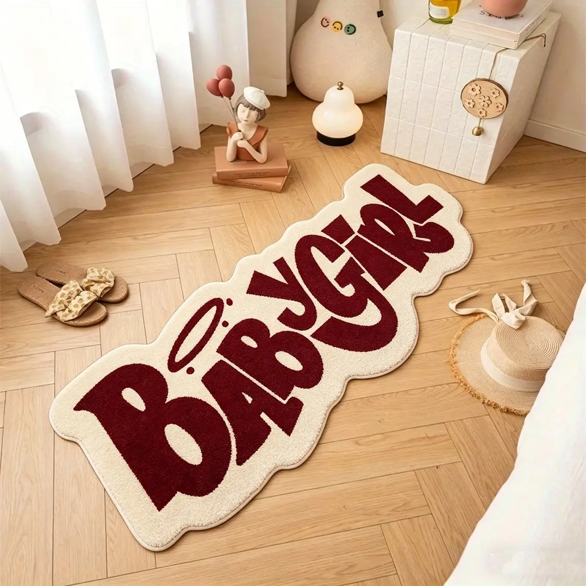 Ins-Style Sweet & Edgy Letter-Patterned Runner Rug, Decorative Rug, Home Decor Rug, Burgundy Contrast Accents, Soft & Plush Home Floor Mat, Non-Slip, Durable, and Machine Washable, Versatile Accent Rug for Bedrooms Bedside, Entryways