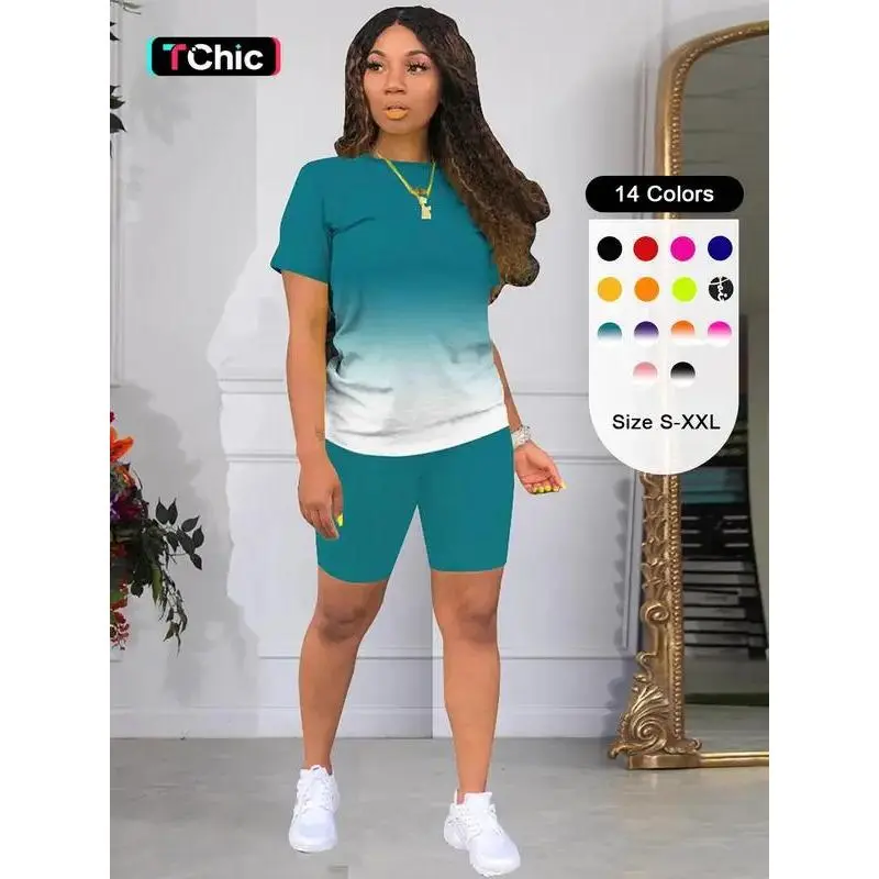 Two-piece Set Women's Ombre Print Skinny Shorts Two-piece Set, Crew Neck Short Sleeve T-shirt & Track Shorts, Back To School Outfits, Fall Sets, Casual Fall Clothes for Daily Wear Valentine's Day, Gift, Summer 2 Piece Set, WomenswearGift