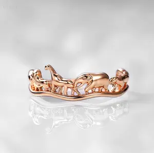 Rose Gold Tone Open Band Animal Family Ring, Safari Elephant Giraffe Cutout Stackable Wildlife Finger Jewelry
