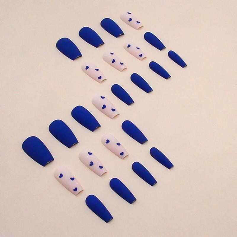 Long Artificial Nails Coffin Press on Nails with Hearts Design Blue Nails Matte Full Cover Nails for Women 24 PCs/Set