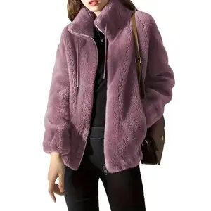 Drawstring Jacket - Women's Fur Jacket, Casual Long Sleeve Zipper Warm Jacket, Soft Plush Lining, Suitable for Winter Daily Wear Top Fabric Knitted Women's Polyester Solid Color Comfortable Leather Dark Brown Slim Fit Light Purple
