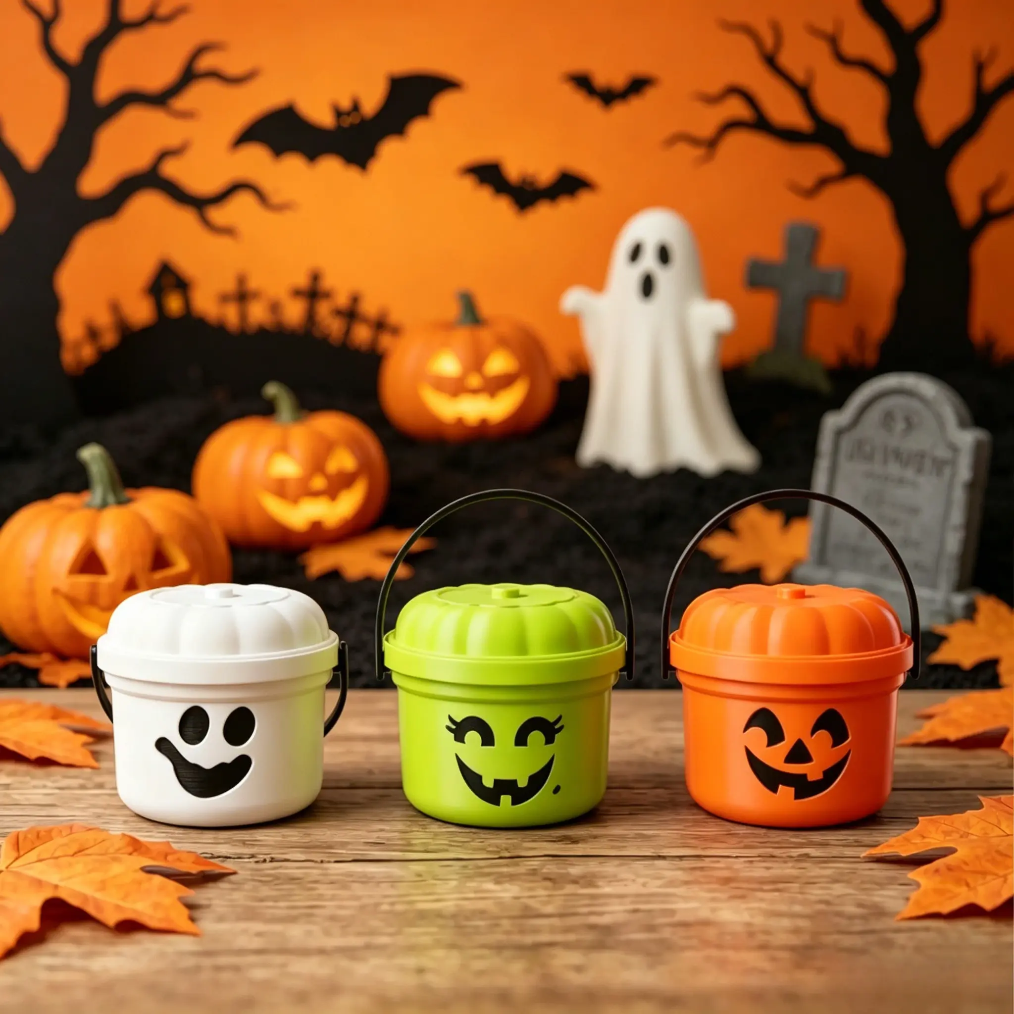 3-Pack Playful Plastic Mini Halloween Pumpkin Buckets with Lids & Handles for Kids, Spooky Multicolor Candy Storage for Trick-or-Treat & Desks, Gifts, Portable, 3Pcs, Lid&Handle, Child, Decor, Party, Unisex