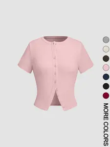 Women's Plain Button Front Crop Tee, Casual Short Sleeve T-shirt for Daily Wear, Ladies Clothes for All Seasons, Womenswear