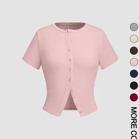 Women's Casual Plain Button Front Cropped Tee, Minimalist Basic Short Sleeve Summer T-shirt for Daily Wear, Ladies Clothes for All Seasons, Womenswear, Fitted T Shirt