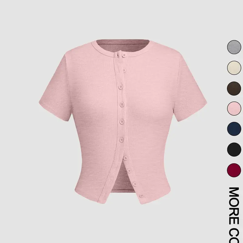 Women's Casual Plain Button Front Cropped Tee, Minimalist Basic Short Sleeve Summer T-shirt for Daily Wear, Ladies Clothes for All Seasons, Womenswear, Fitted T Shirt