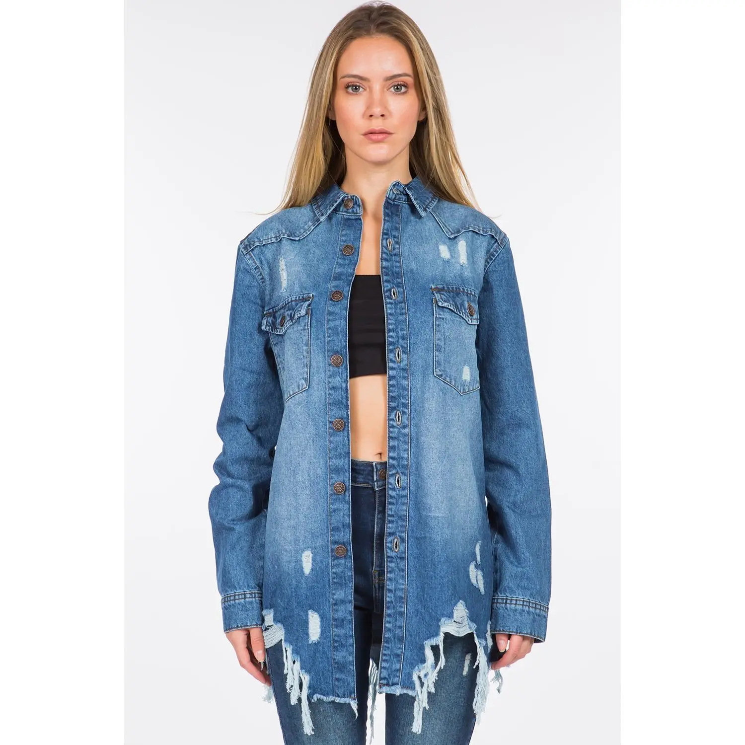 American Bazi Distressed Frayed Hem Denim Jacket