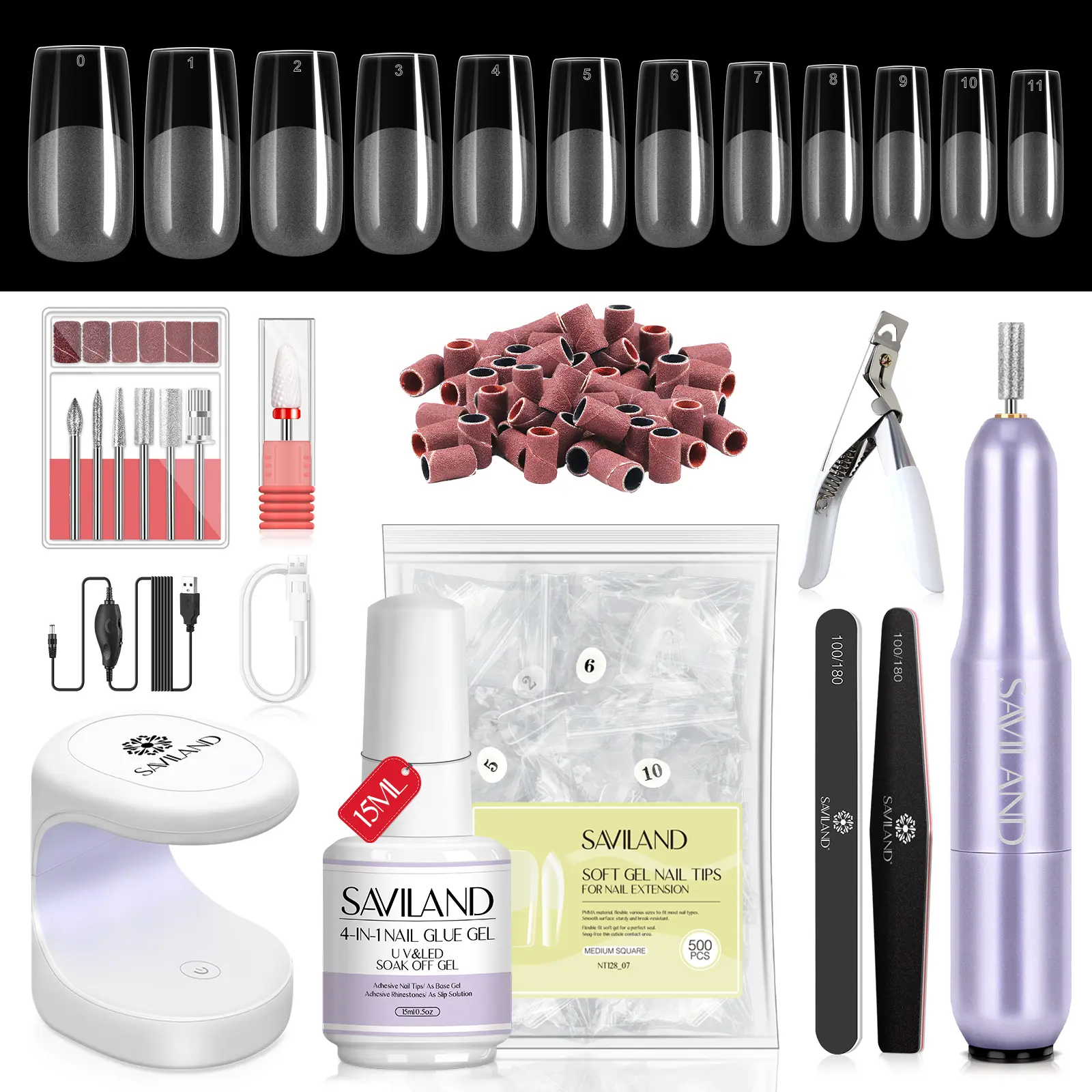 SAVILAND Gel X Nail Kit: 500 Gel X Soft Tips 4-in-1 Gel UV/LED Nail Lamp & Drill & Accessories Perfect for At-home Salon Quality & Acrylic Nail Art