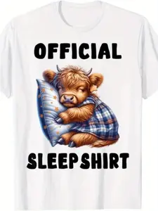 Men'S Funny Highland Cow Official Sleepshirt Graphic T-Shirt - Retro Nightgown Design with Scottish Cow & "Official Sleepshirt" Text, All-Season Comfortable Casual Short Sleeve Round Neck Tee for Pajamas Casual Attire, Funny Novelty Sleepwear for Me