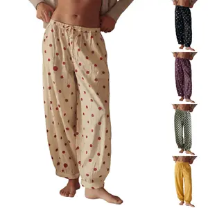 【Hot】Women's Cozy Casual Baggy Lounge Dot Print Wide-Leg Pants With Drawstring Elastic Waist Loose Lantern Trousers Pant
