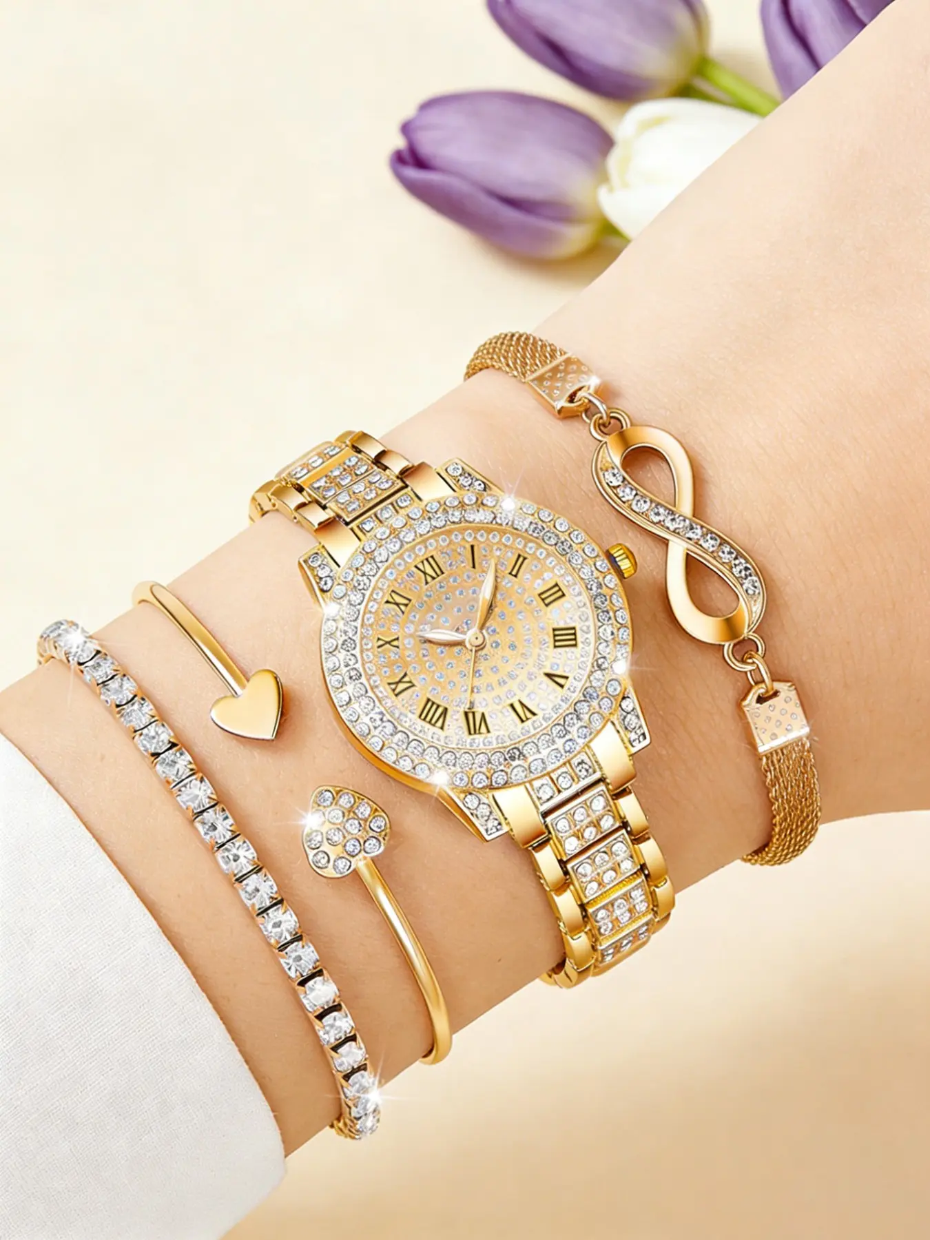 Women's Fashion Watch Bracelet Set with Alloy Round Roman Numerals, jewelry gifts, Valentines Day Jewelry, Valentine's Day Gift, Christmas, Birthday, Bangles Bracelets Set, Bracelet Sets, Mix Bracelets, Bracelet Bundle