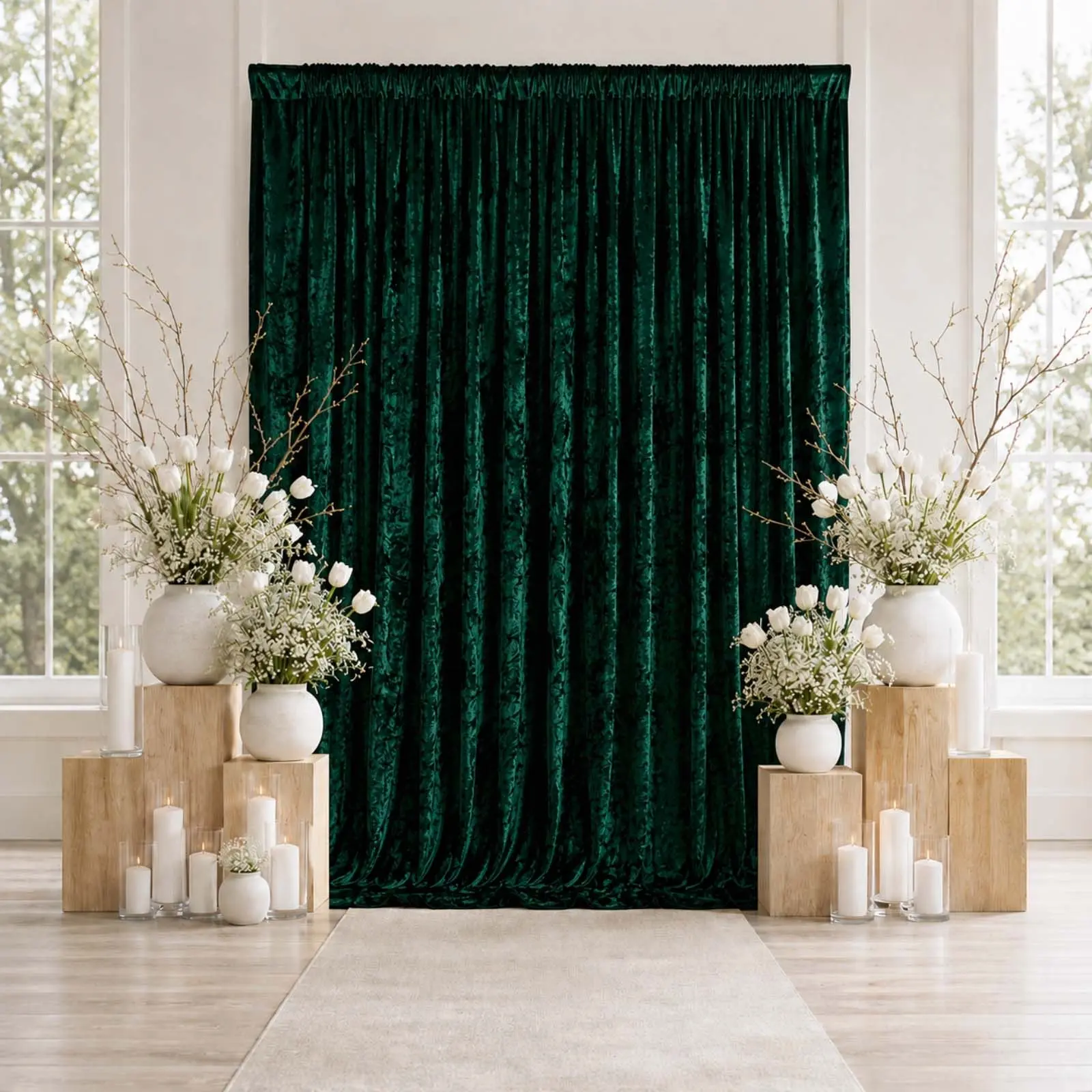 Hunter Emerald Green Premium Crushed Velvet Backdrop Curtain 10ft x 12ft – Wedding Backdrop Panel & Event Drapery with Rod Pocket, 70% Blackout