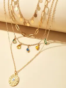 Elegant Layered Design Necklace with Colorful Teardrop Gems & Sparkly Pendant, Adjustable Chain for Daily Wear, Casual Style