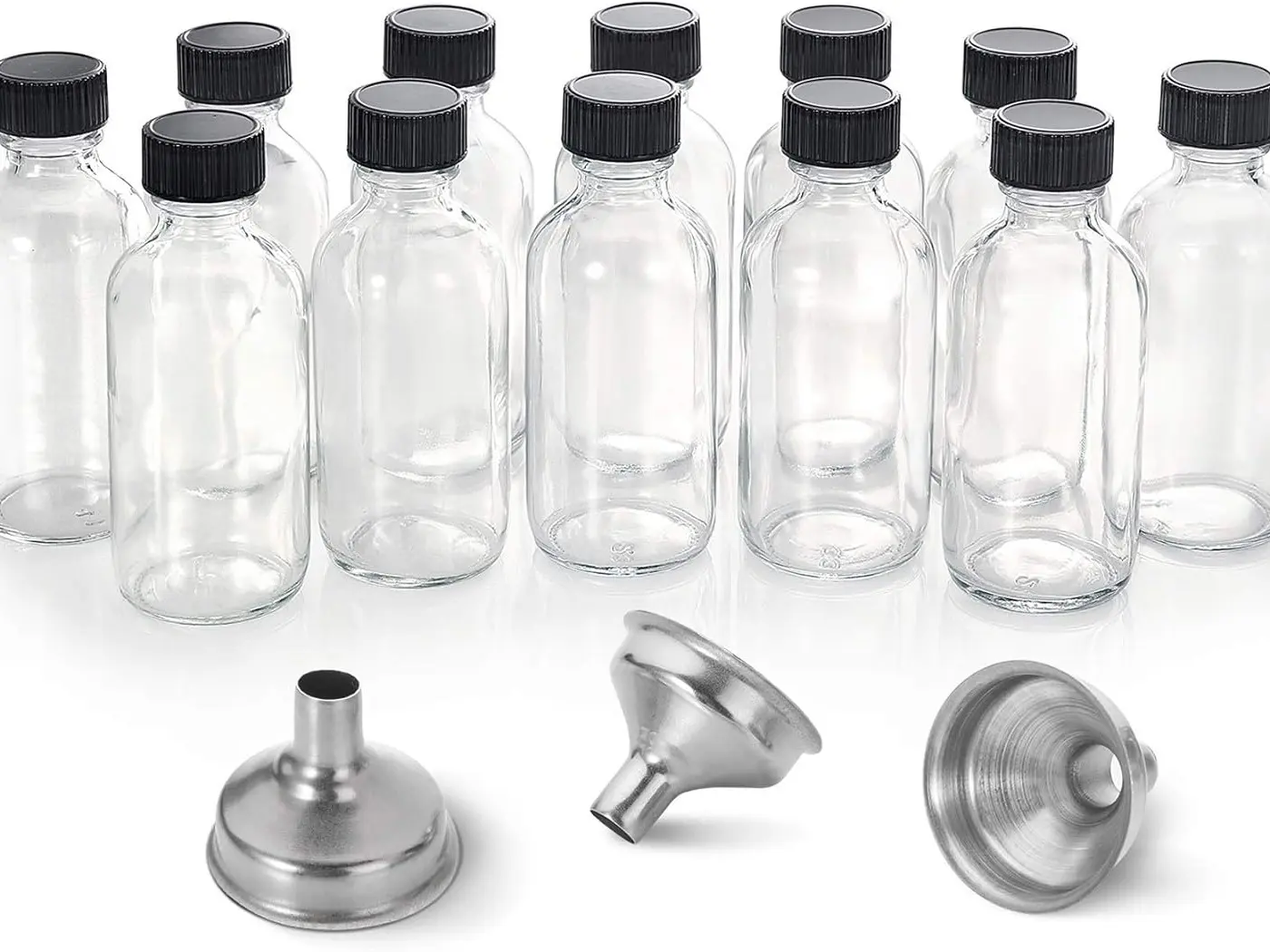 12 Pack - 2 oz Boston Round Glass Bottles with Lids & 3 Funnels (60ml) - For Potions, Tinctures, Travel & DIY