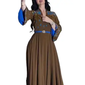 Diamond Flower Printed Autumn Robe Dress Sexy Women's V Neck High Waist Banquet Dress New Fashion Long Sleeve Slim Holiday Dress