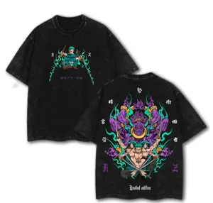 Oversized Retro Washed T-Shirt, Double-Sided Print with Roronoa Zoro Santoryu & Ashura Demon Graphic, Unisex Casual Streetwear Tee for Men Women, Perfect for Outdoor & Daily Wear Anime T-Shirt. Double sided printing