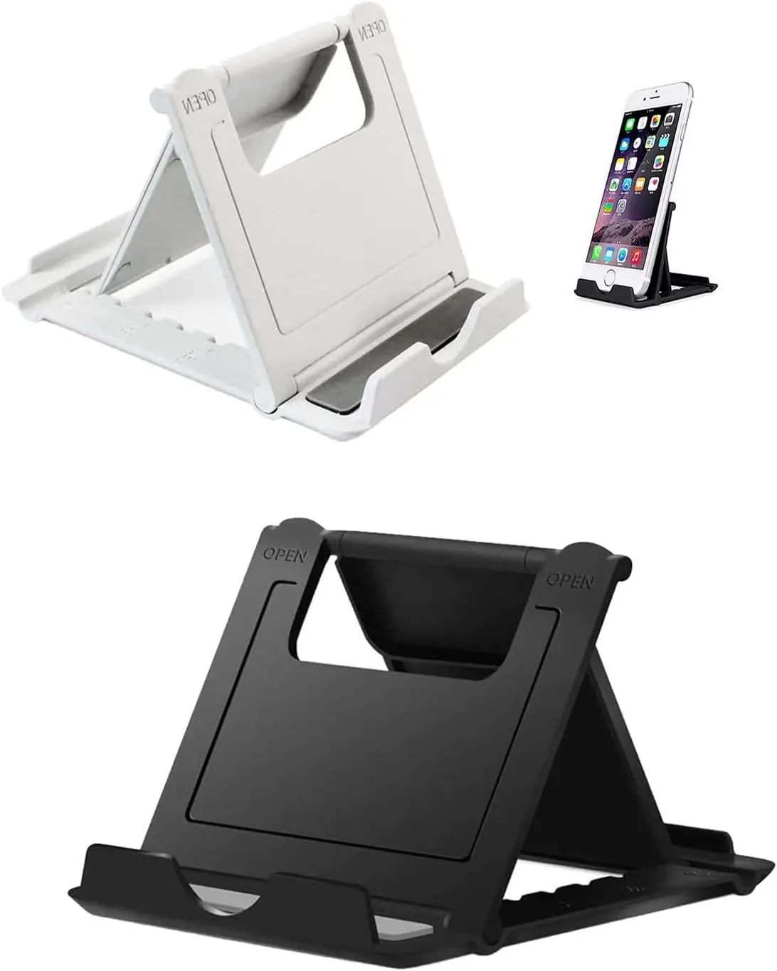 Portable Cell Phone Stand Holder for Desk, 【2 Pack】 Foldable Pocket-Sized Adjustable Mount, Universal Desktop Kickstand Compatible with Iphone, Ipad, Kindle & Android Devices - Black & White HZZADZXW
