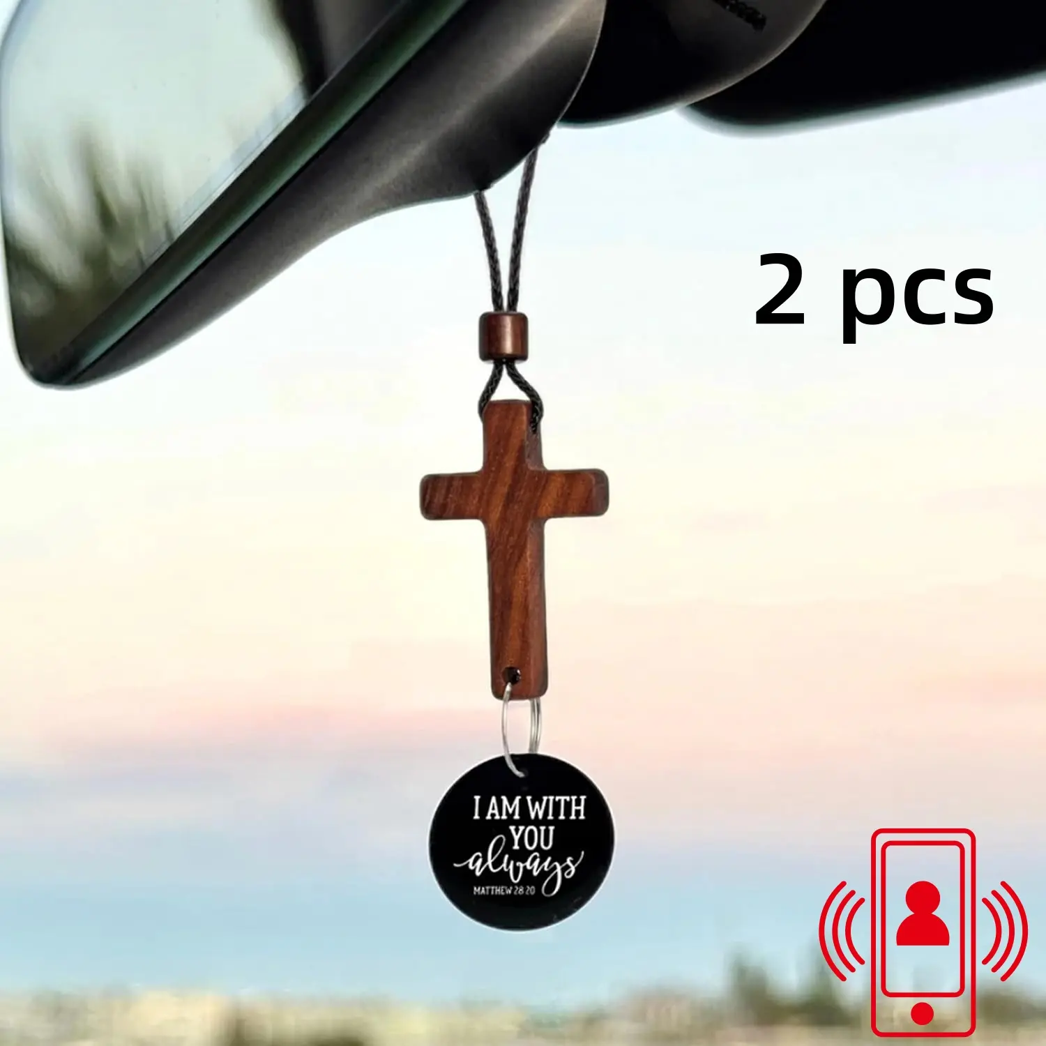 【Back to School】2-Piece Wooden NFC-Enabled Cross-Shape Bible Verse Car Rearview Mirror Hanging Ornament Set, Daily Motivation Automotive Interior Decoration-MM1