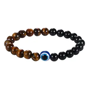 OIDEA Evil Eye Tiger Eye Bracelet for Men Women, Black Tourmaline Lucky Stretch Beaded Bracelet, Triple Protection Energy Bracelet Gift