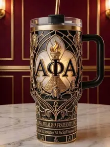 Alpha Phi Alpha 40oz Tumbler with Handle | Custom AFA Fraternity Gifts | Premium Black & Gold Insulated Travel Mug with Straw
