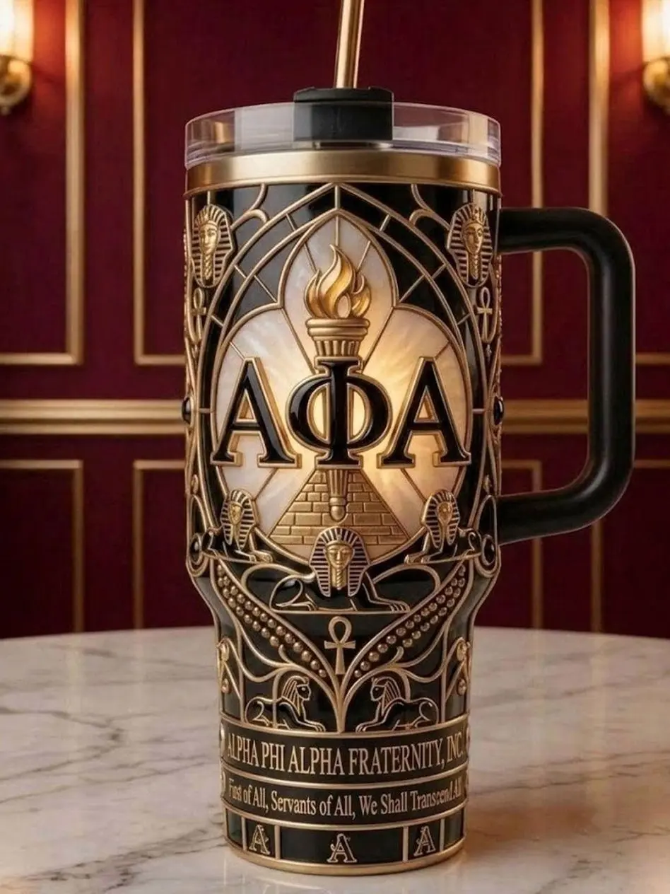 Alpha Phi Alpha 40oz Tumbler with Handle | Custom AFA Fraternity Gifts | Premium Black & Gold Insulated Travel Mug with Straw