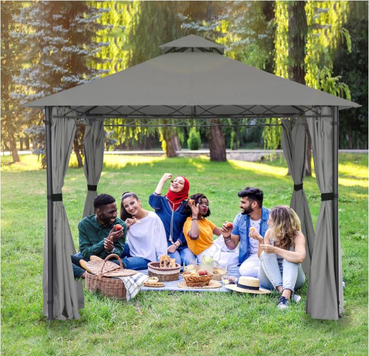 10'x10' Gazebo for Patios, Double Vent Outdoor Canopy with Curtains & Sand Bag, Outside Patio  Lines Decorative for Backyard (Dark Grey) pergola