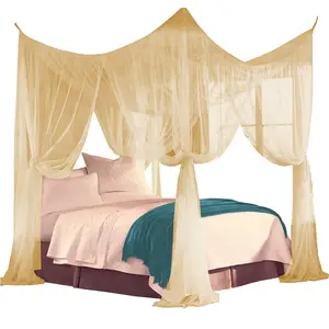 Just Relax Four Corner Post Elegant Mosquito Net Bed Canopy Set, Beige, Full-Queen-King Mesh Netting Mesh Netting Sides