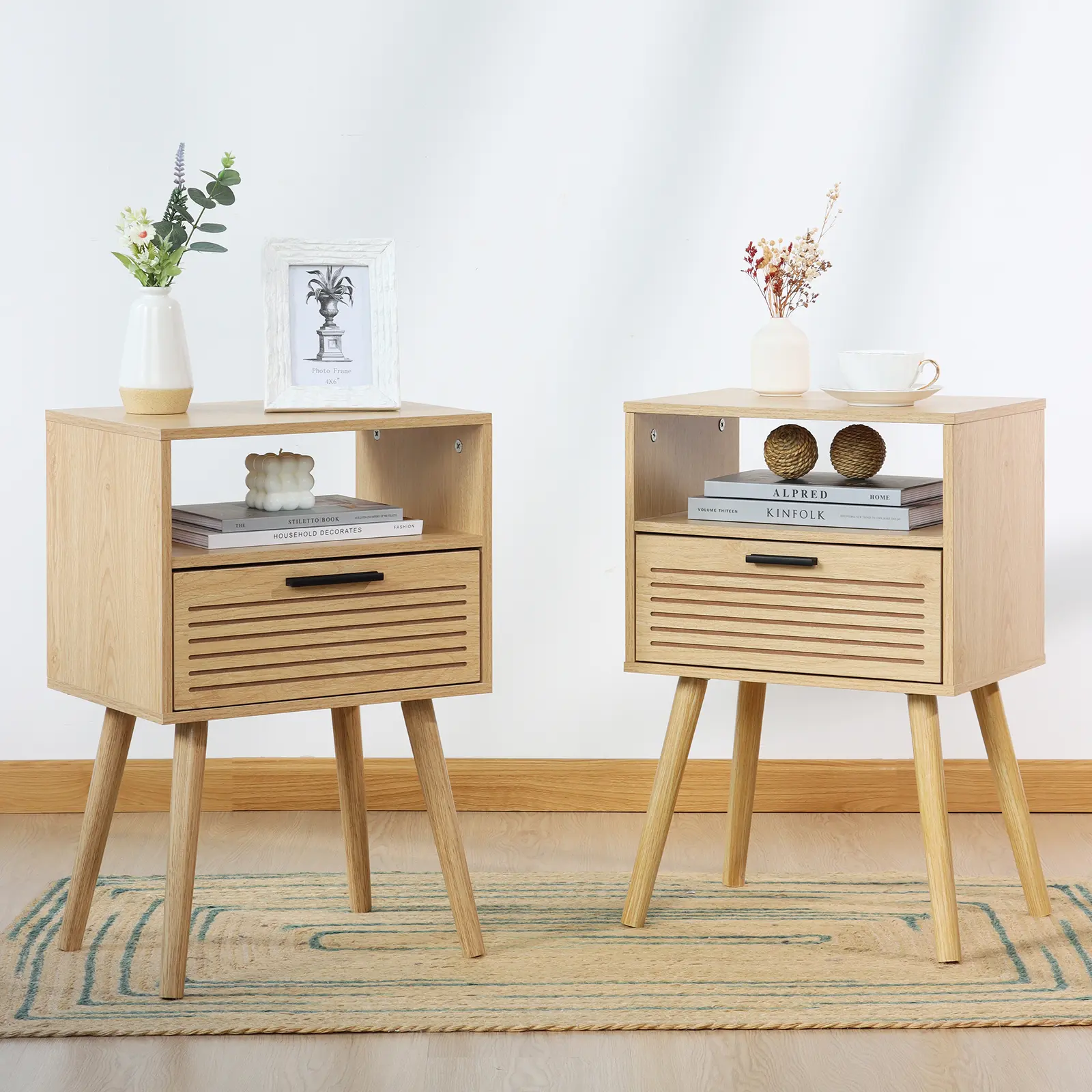 2 Sets Striped Grooved Nightstand with Solid Wood Storage Drawer, Modern End Table for Small Space, Bedroom Furniture for Living Room, Sofa Couch, Office Minimal