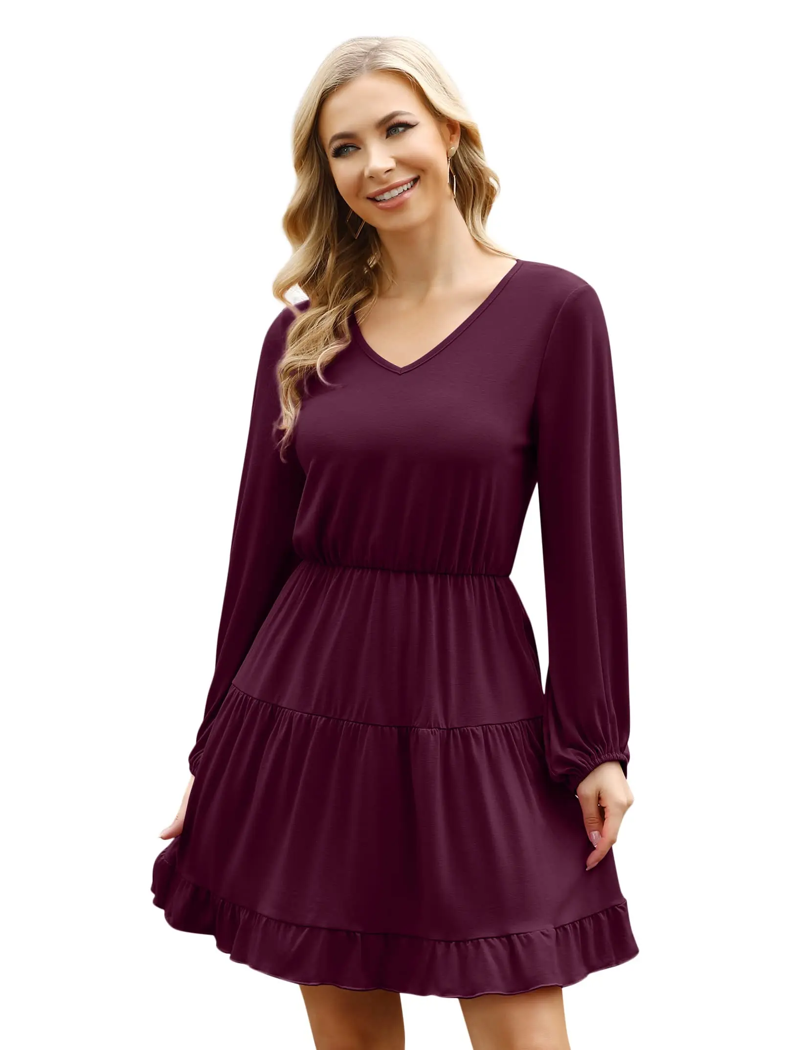 GARVEE Ruffle Dress, Mini Dress Elastic Waist V Neck Puff Sleeve Casual Loose Flowy Swing Solid Tiered Short Dress