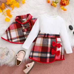 Ready Stock 18m-6y Girls' Christmas 3-Piece Set - Plaid Buttons Cape,Bow Decor Skirt & Ribbed T-Shirt, Perfect for Festive Sweet Looks Red 42507038