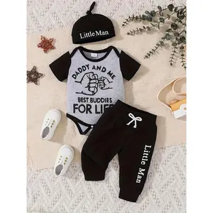 [Boys' Three-Piece Set] Summer New Boys' Three-Piece Set: Letter Print Romper, Casual Versatile Pants, and Printed Hat, Perfect for Outdoor