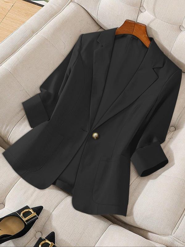 Women's Solid Color Button Front Blazer Coat, Casual Long Sleeve Outerwear for Work Office Business, Ladies Spring & Fall Woven Clothes, Fitted Womenswear