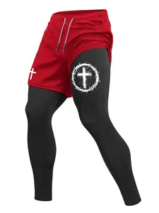 Men's Thorn Cross Print Sporty 2 in 1 Compression Pants, Spring & Fall Gym Workout Fitness Tights Leggings with Phone Pocket, Zipper Pocket, Towel Loop, Athletic Running Quick Dry Baselayer Activewear, Athletic Bottoms