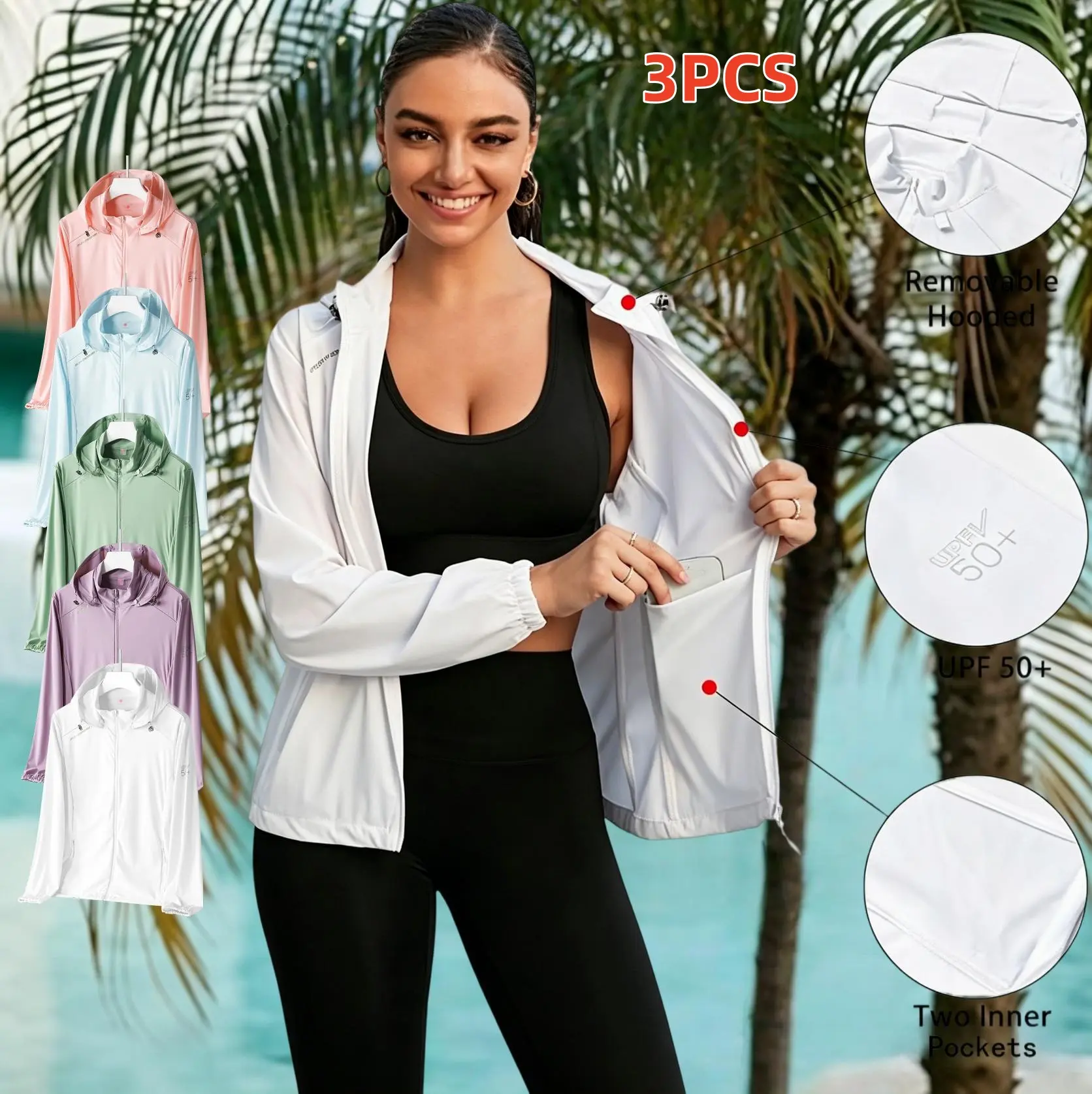 Women's 3-PCS UPF 50+ Sun Protection Hooded Cooling Athletic Outerwear with Pocket Access, Athlete Jackets, Sportswear for Outdoor Sports, Outdoor Sports Outerwear, Sportswear Jacket, Fun In The Sun