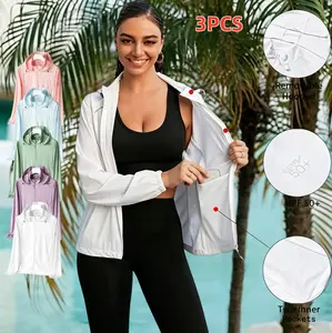 3-PCS Women's UPF 50+ Sun Protection Jacket Hooded Cooling Shirt Athletic Jacket for Women with Pocket
