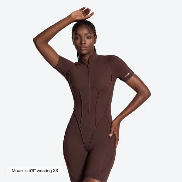 BetterMe Women's Chocolate Sleek Shorts Catsuit - Short-Leg Fit 1-Piece Bodysuit Unitard Romper Overalls Jumpsuits, Adjustable Breathable Casual Gym Wear & Athletic Sports Spandex Fabric Clothing for Pilates, Ballet, Everyday Wear, Womenswear
