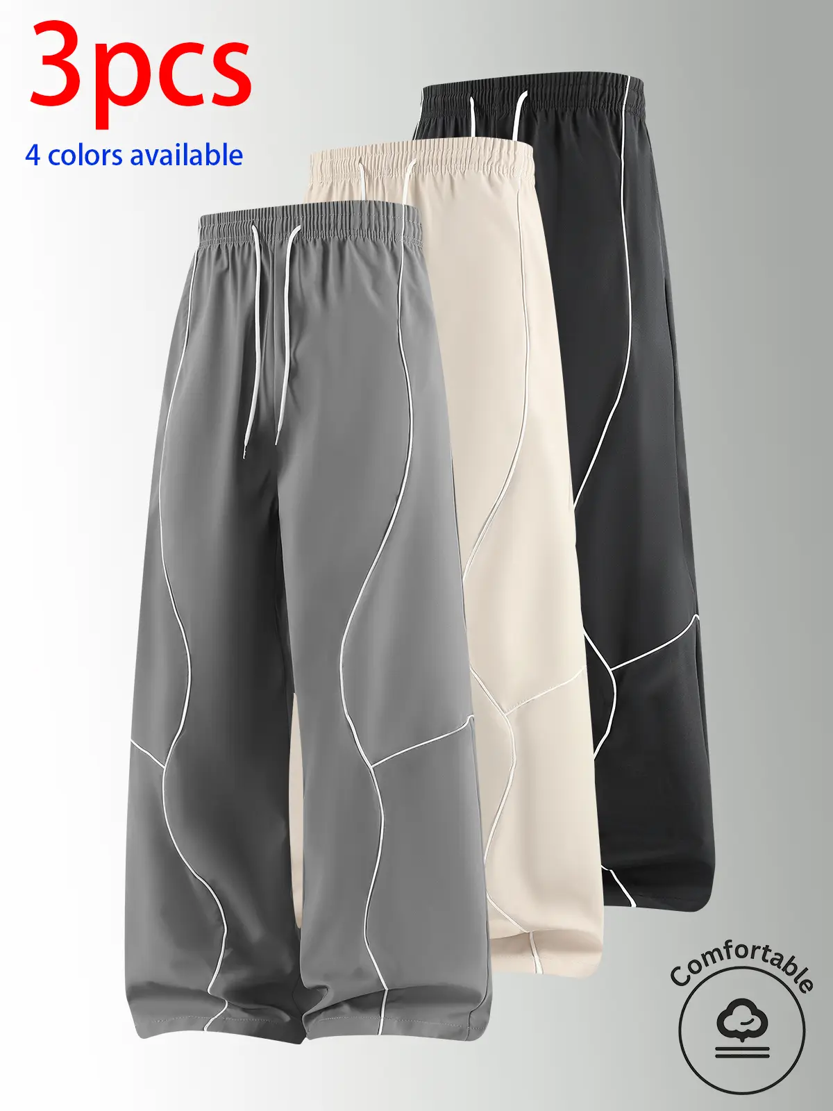 3-pack men’s long pants, men’s casual straight-leg pants. Creative wavy white line segmented open-cut design, elastic waistband with adjustable drawstring, loose straight fit that flatters leg shape and looks slimming for all body types, skin-friendly smo