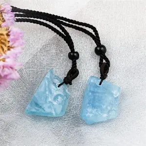 Natural Raw Aquamarine Blue Crystal Pendant Healing Reiki Chakra Amulet Women Men Crystal Necklace Gift