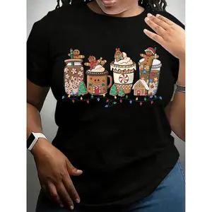 Women'S Festive Gingerbread House Print T-Shirt - Cozy Lightweight Crew Neck Top, Short Sleeve, White With Holiday Decorations, Perfect For Casual Wear, Christmas