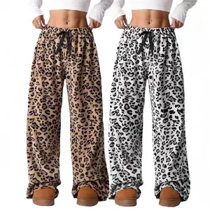 Women Leopard Print Elastic Waist Fluffy Loose Pants, Autumn/Winter
