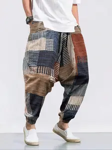 Men's Plaid Patchwork Hip-Hop Lantern Pants, Waistband Pocket Casual Harem Pants, Comfortable Fashion Design for Daily Wear and Outdoor Activities