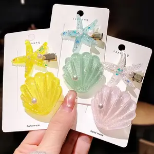 2pcs Artificial Starfish Shell Pearl Hair Clips Set Acrylic Alligator Hairpins For Kids Girls Bangs Barrettes Summer Headwear
