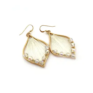White Woven Thread and Crystal Beaded Earrings
