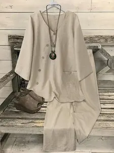 Summer Essential! Womenswear Lazy Style Linen Two-Piece Set, Breathable Cotton-Linen Fabric, Slant Front Button + Large Pockets, French Chic Vibe