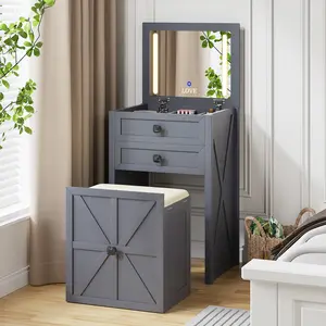 Miu Farmhouse 3 in 1 Vanity  , 3-Color Adjustable Lighting, Cushioned Stool for Bedroom Organization LED Bedside Table with Drawers Dimmable Mirror