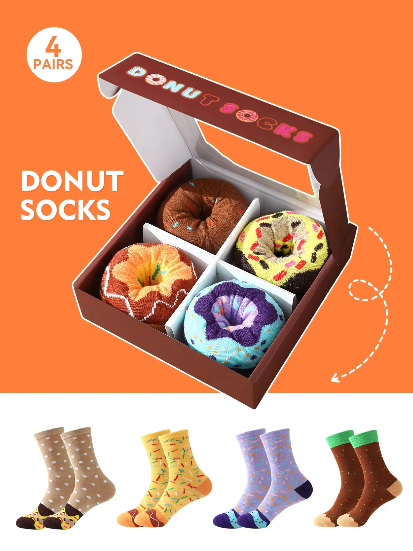 4 Pairs of Fun Donut Socks Gift Box, Soft and Comfortable Unisex Colorful Casual Stylish Socks for Valentine’s Day, Easter/Ramadan/Super Bowl, Perfect for Parties and Everyday Wear Surprise Gift for Partner & Family