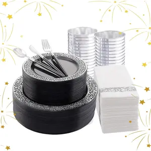 LIYH 350 Pcs Black and Silver, Silver Dinnerware Set, Disposable Silverware, Black with, Happy New Year Day Supplies for 50 Guests