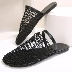 Women's Rhinestone Embellished Mesh Mules Open Toe Backless Casual Flat Slippers Indoor Outdoor Shoes