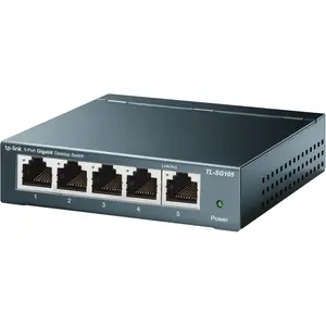 TP-Link TL-SG105, a 5-port Gigabit unmanaged Ethernet switch, network hub, and Ethernet distributor, featuring plug-and-play functionality, a fanless metal casing design, shielded ports, and traffic optimization